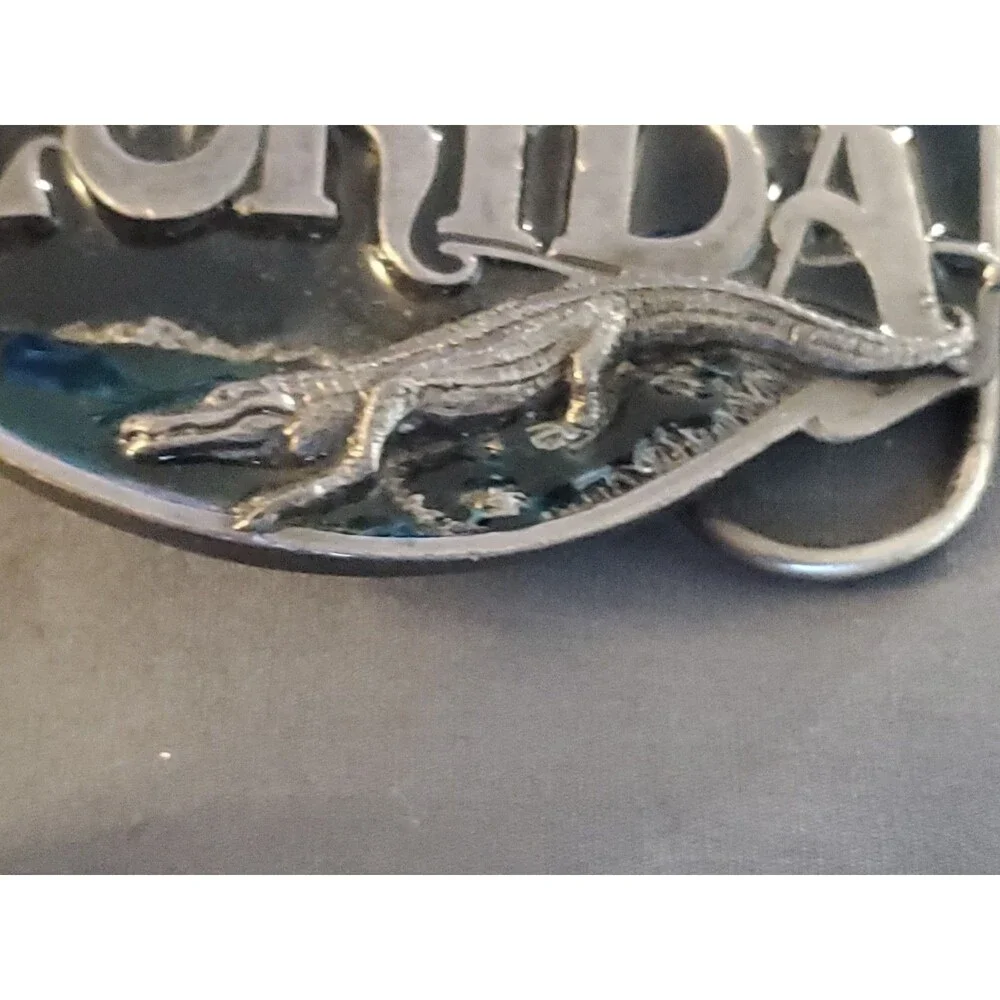 Vtg 1986 Siskiyou Florida State Belt Buckle Flamingo Alligator Oranges Made USA